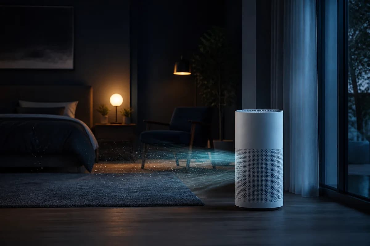Modern HEPA air purifier circulating clean air in a quiet bedroom