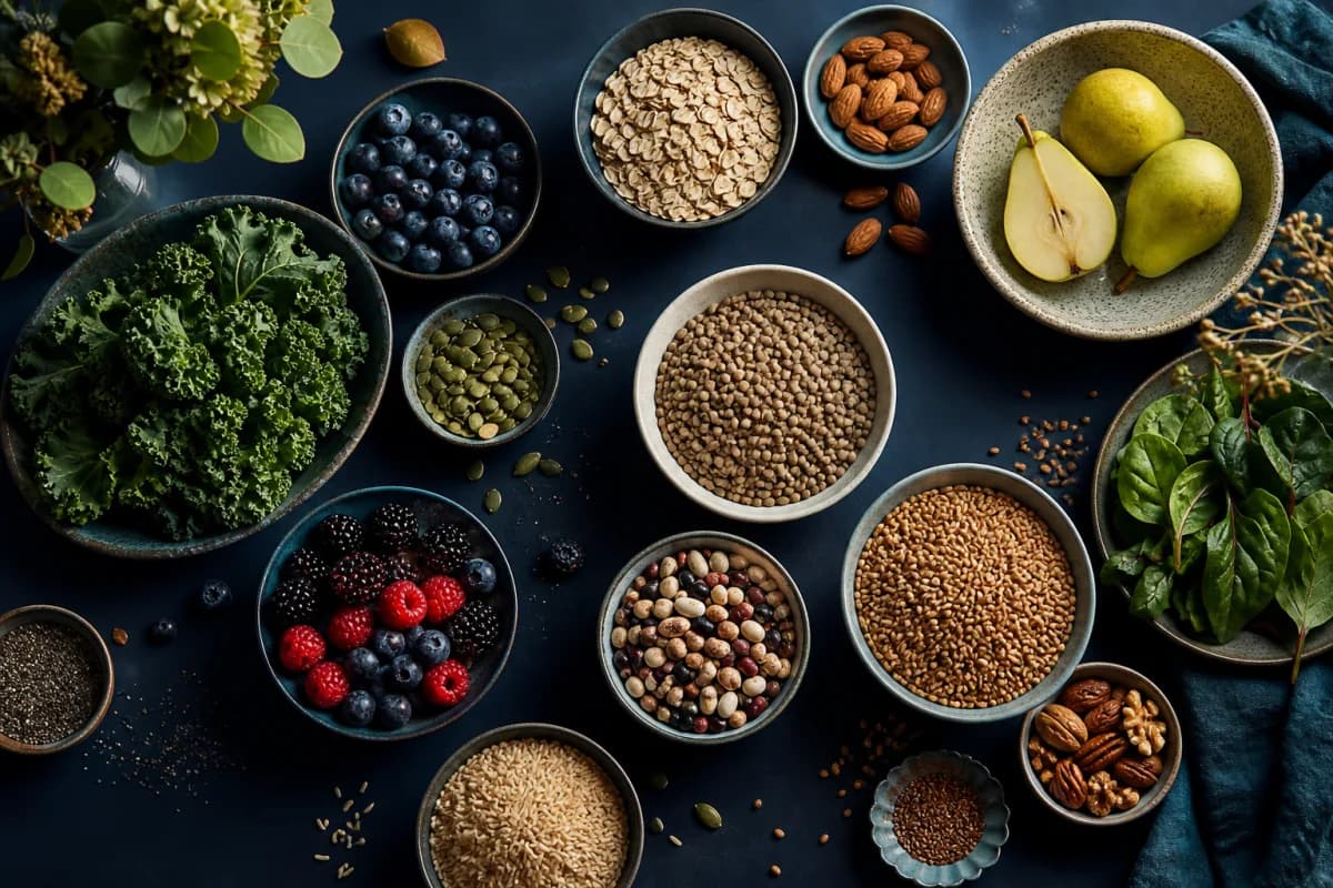 Colorful assortment of legumes vegetables fruit nuts seeds and whole grains rich in dietary fiber