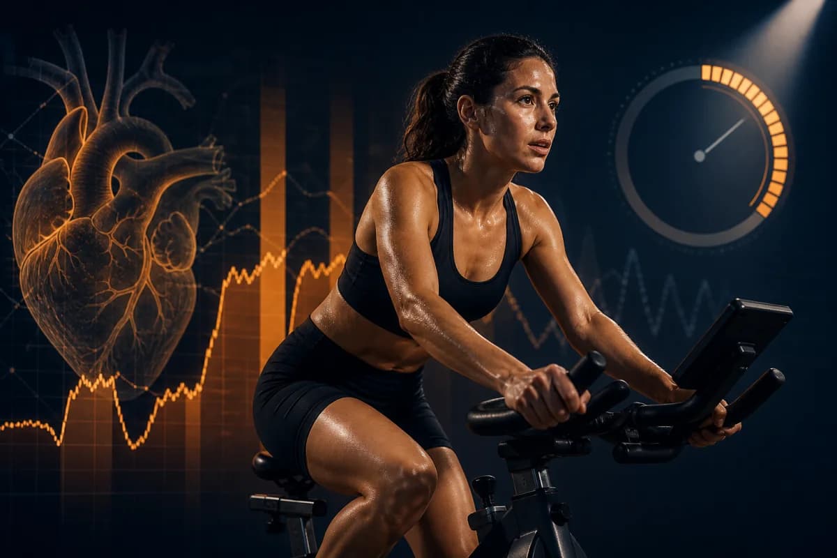 Adult performing a controlled hard interval on a stationary bicycle