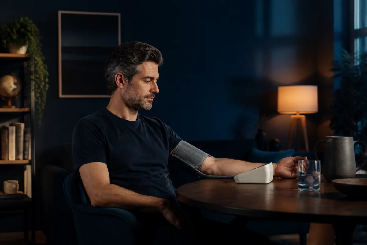 Adult seated correctly while using an automatic upper-arm blood pressure monitor