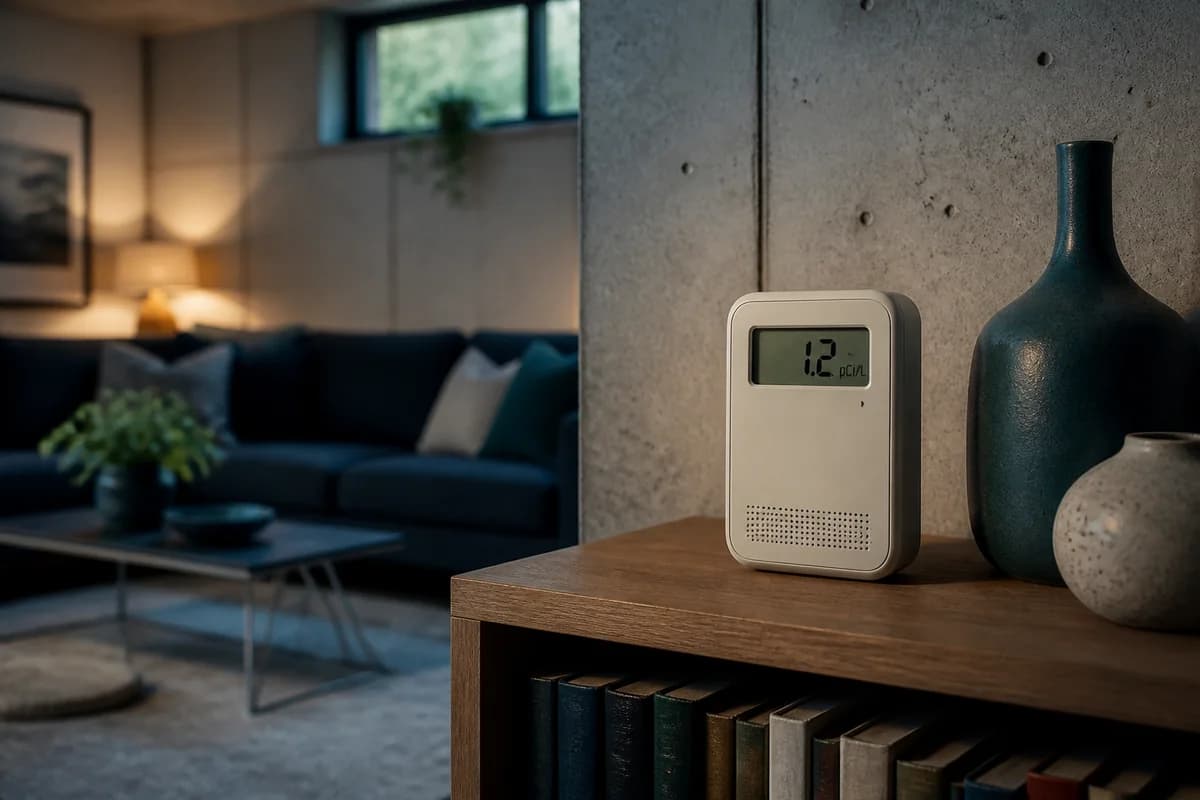 Digital home radon monitor positioned on a shelf in a lower-level living room