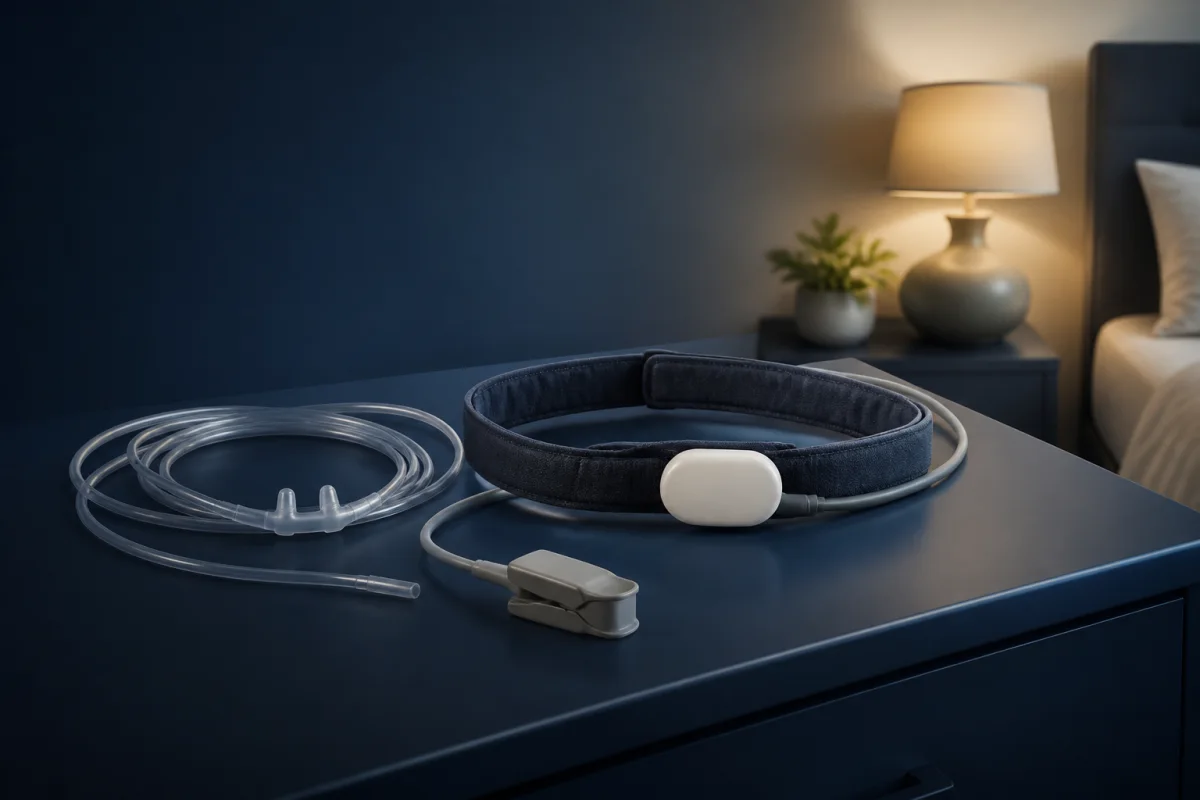 Adult setting up a home sleep apnea test with nasal cannula, chest belt and finger sensor