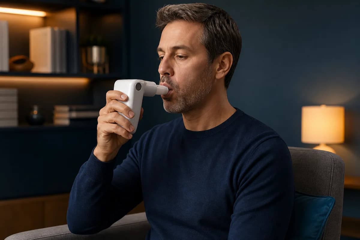 Person using a handheld home spirometer while seated upright with a nose clip