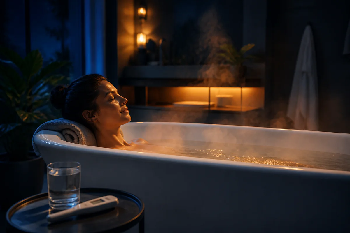 Warm evening bath with a thermometer, water glass and soft low light