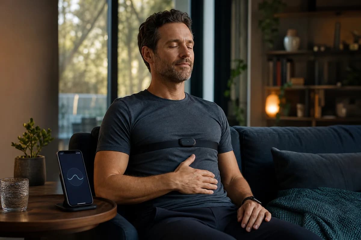 Person practicing slow breathing while viewing a heart rate variability biofeedback graph