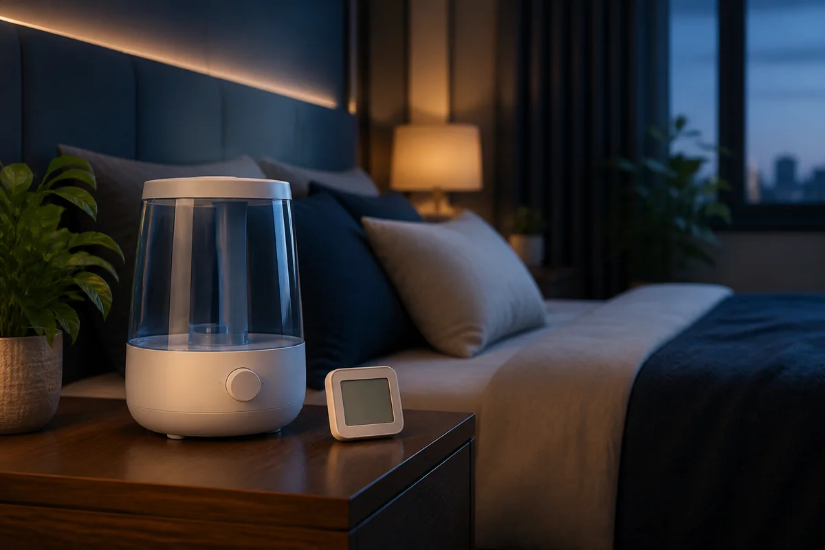 Digital hygrometer showing comfortable bedroom humidity beside a clean humidifier