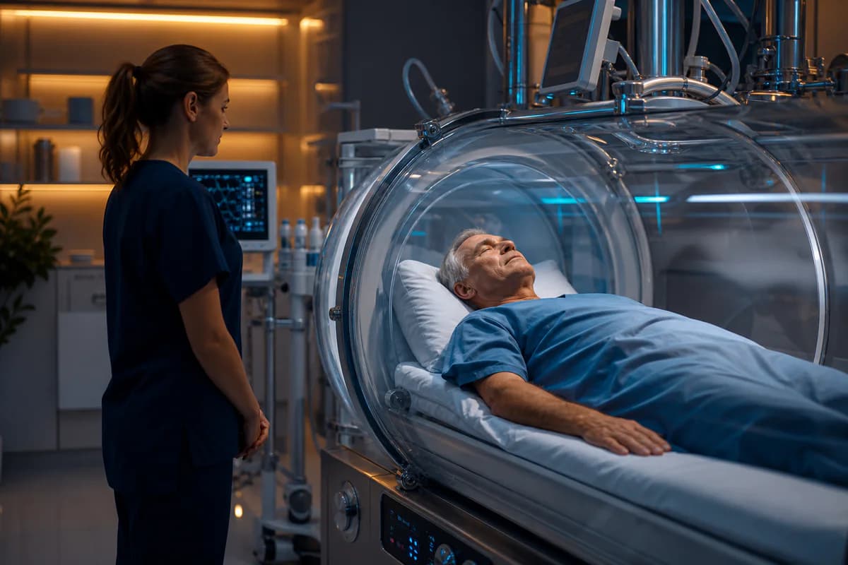 Hospital-grade hyperbaric oxygen chamber monitored by trained clinical staff