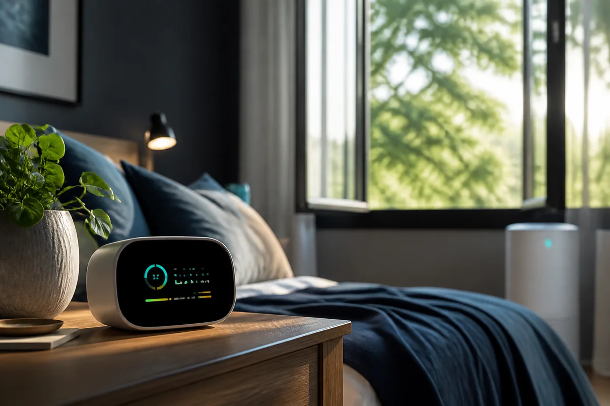 Modern indoor air quality monitor displaying carbon dioxide and particle readings in a bedroom