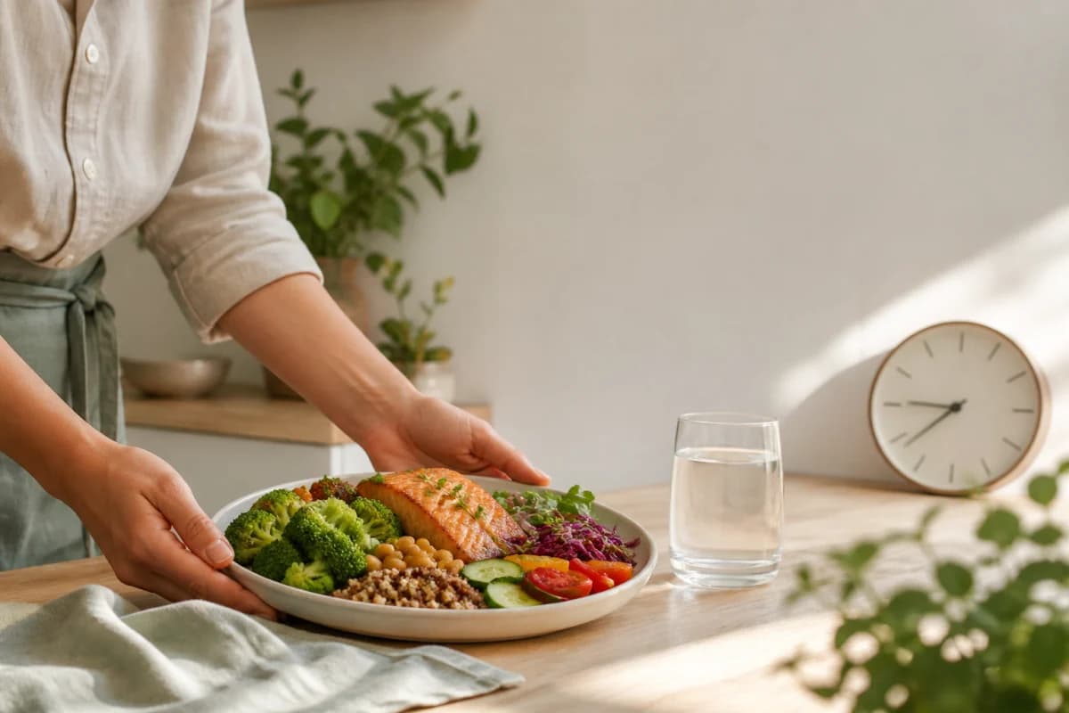 Balanced daytime meal beside a simple clock representing a consistent eating window