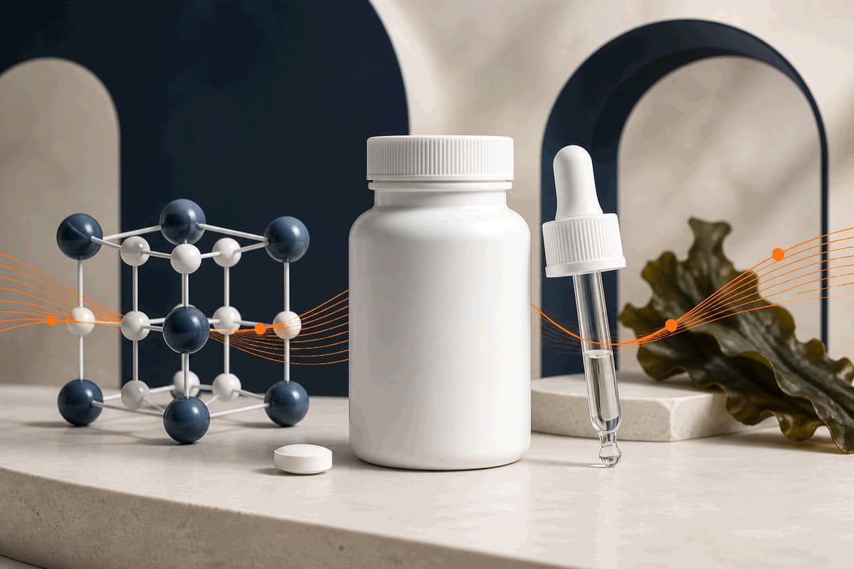 An unbranded iodine bottle, clear dropper, iodide lattice and small kelp piece in cream, navy and exact LongevityMate orange