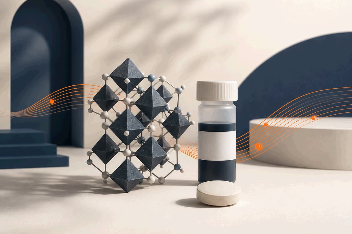 An unbranded iron tablet beside an abstract mineral lattice and blood-test vial in cream, navy and exact LongevityMate orange