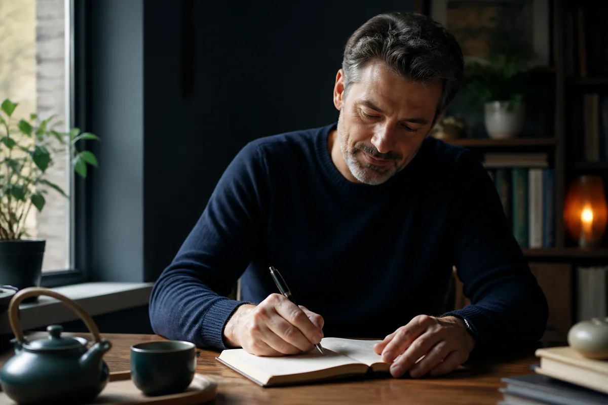 Person writing reflectively in a paper journal at a calm desk with natural morning light