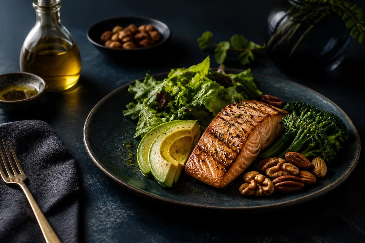 Balanced ketogenic meal with leafy vegetables, avocado, fish and olive oil