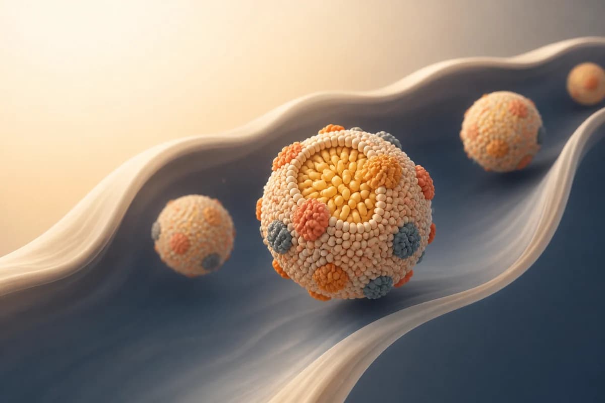 Abstract scientific illustration of LDL-like lipoprotein particles moving through an open vessel-like channel