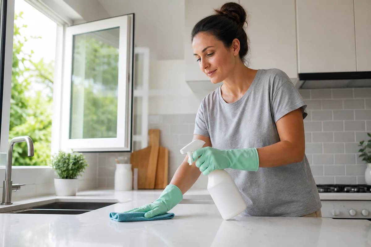 Editorial illustration explaining lower-toxicity cleaning use, evidence and safety
