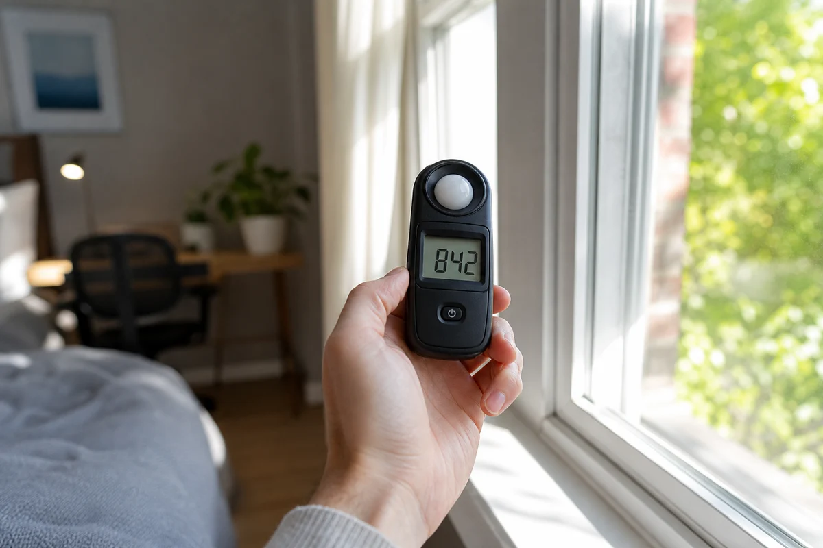 Handheld lux meter measuring natural morning light near a home window