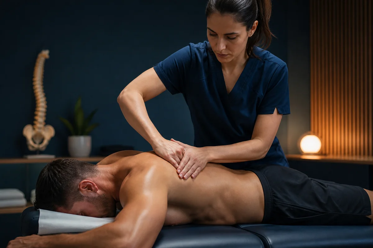 Professional massage therapist using controlled pressure on an athlete's upper back