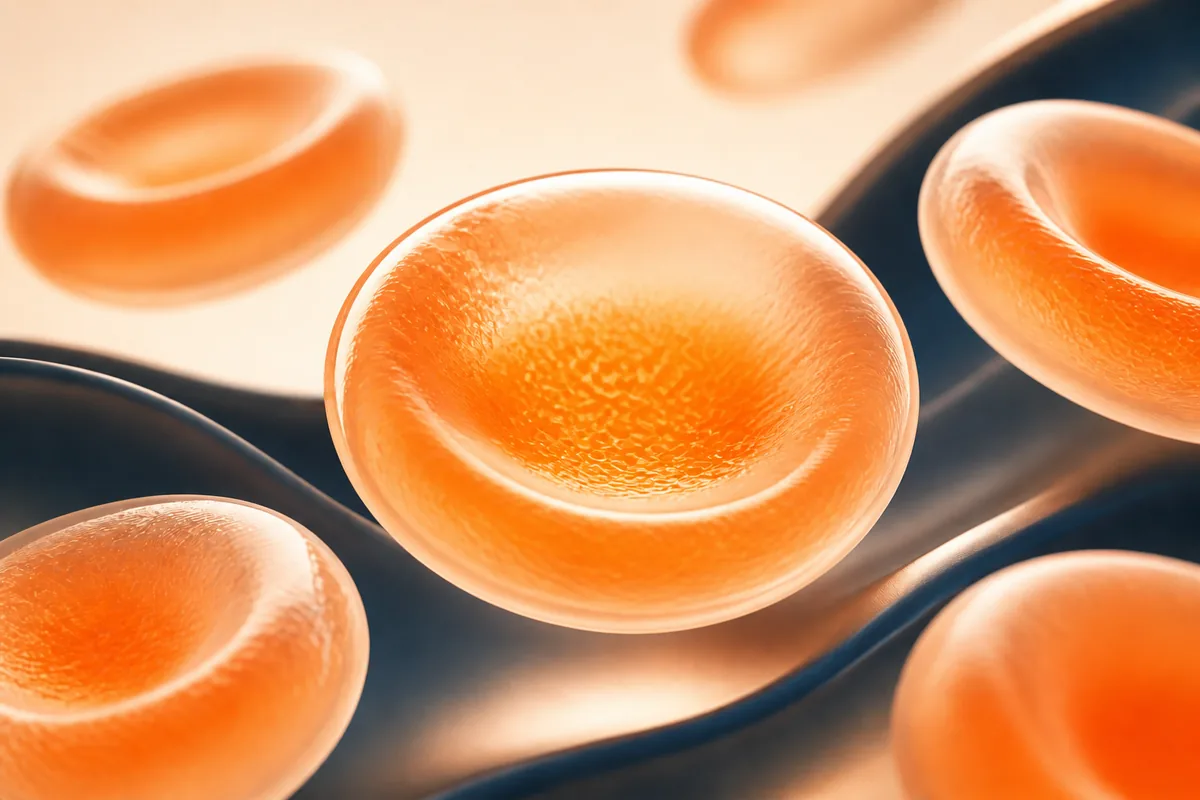 Abstract red blood cells with a luminous inner concentration field in a cream, deep-slate and orange scientific composition