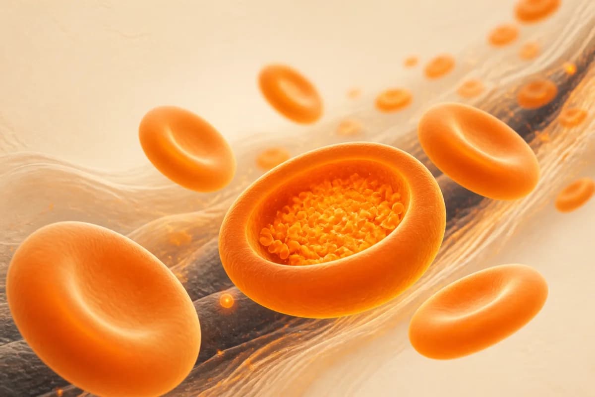 Orange red-cell forms with a central cell revealing its haemoglobin content in a cream and deep-slate scientific composition