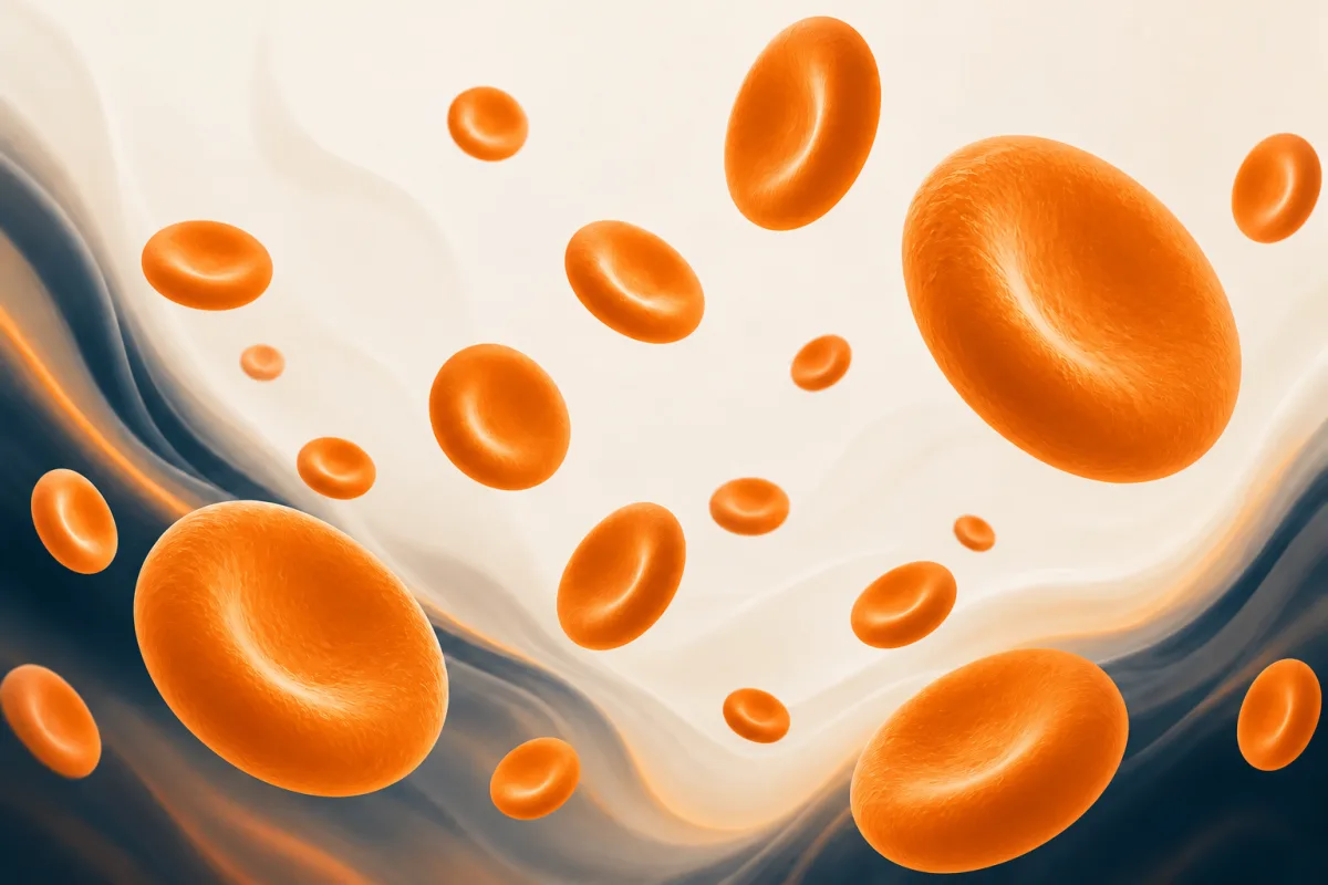 Red blood cells of varied sizes moving through a cream, slate and orange scientific composition