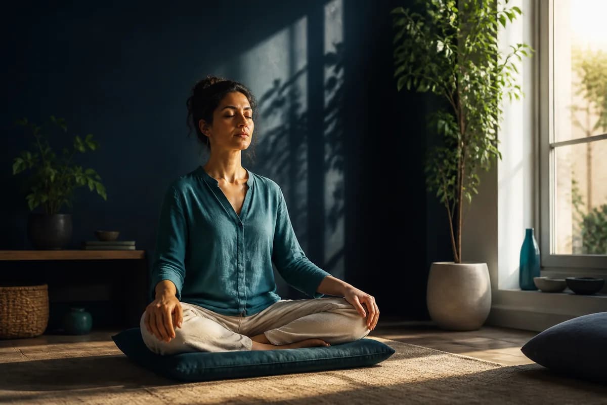 Adult practising seated mindfulness meditation in a calm naturally lit room