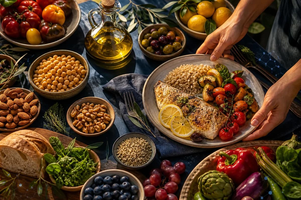 Mediterranean meal with vegetables legumes whole grains olive oil nuts and fish