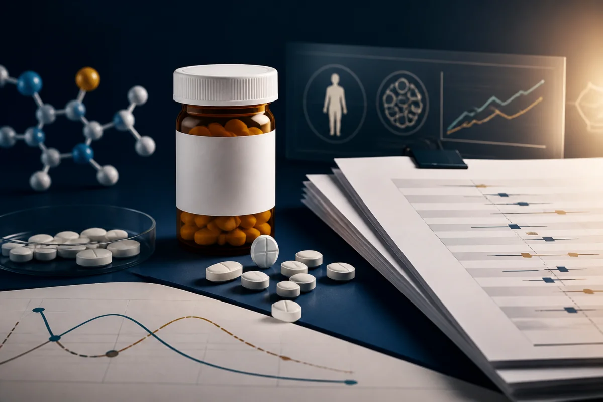 Metformin prescription bottle beside glucose results and an evidence review