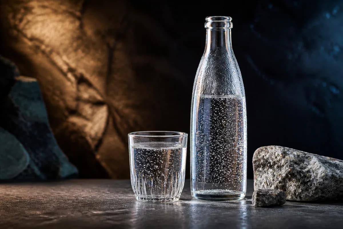 Clear glass of mineral water beside a bottle label listing calcium magnesium and sodium
