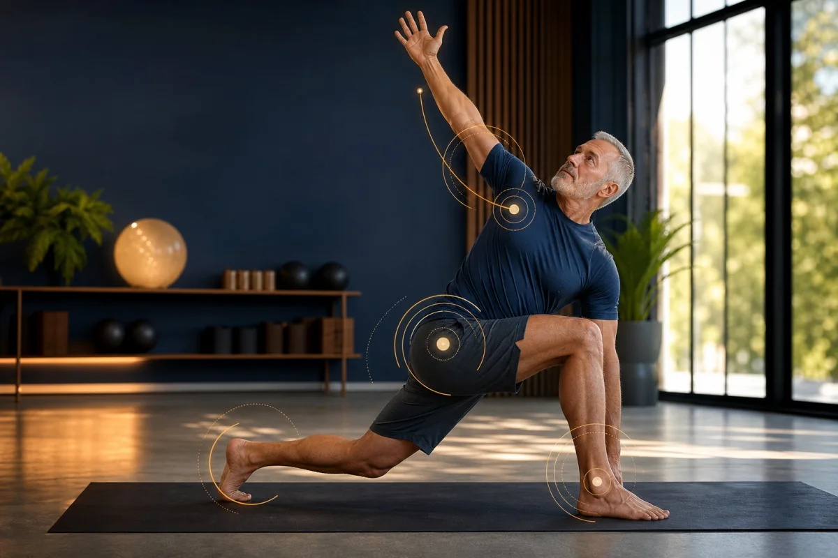 Older adult performing a controlled lunge and reach with joint motion arcs