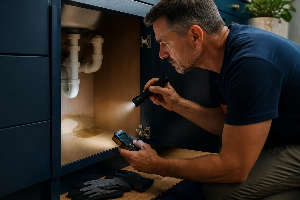 Homeowner inspecting a wall moisture meter beside a repaired window leak in a clean room