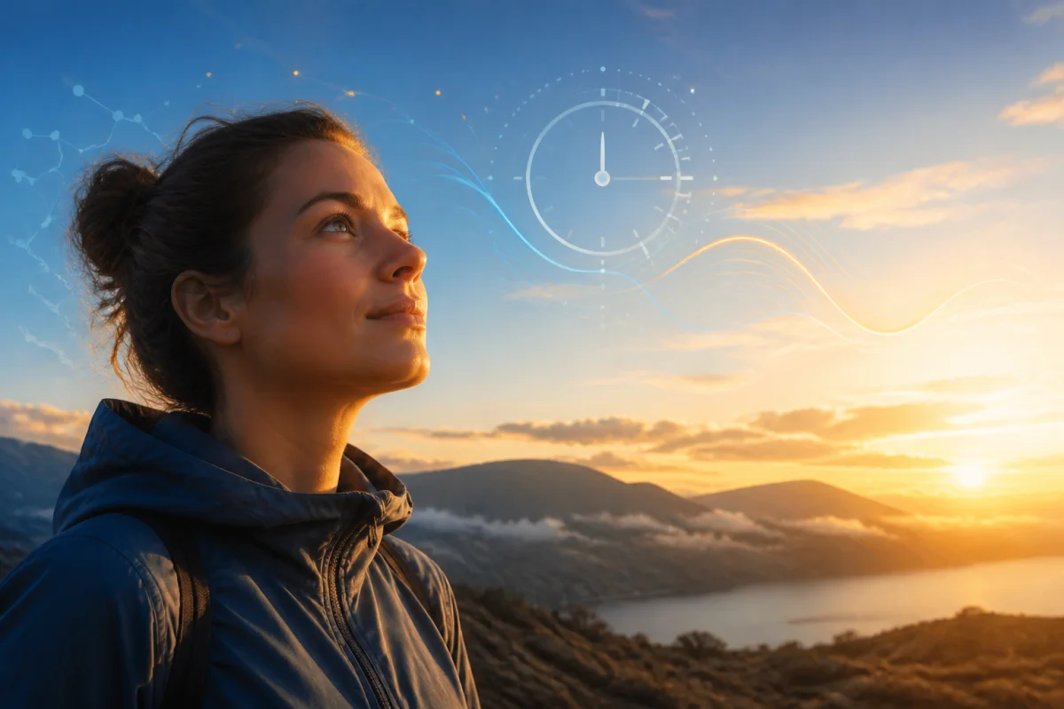 Adult outdoors after sunrise with circadian clock and light wave motifs