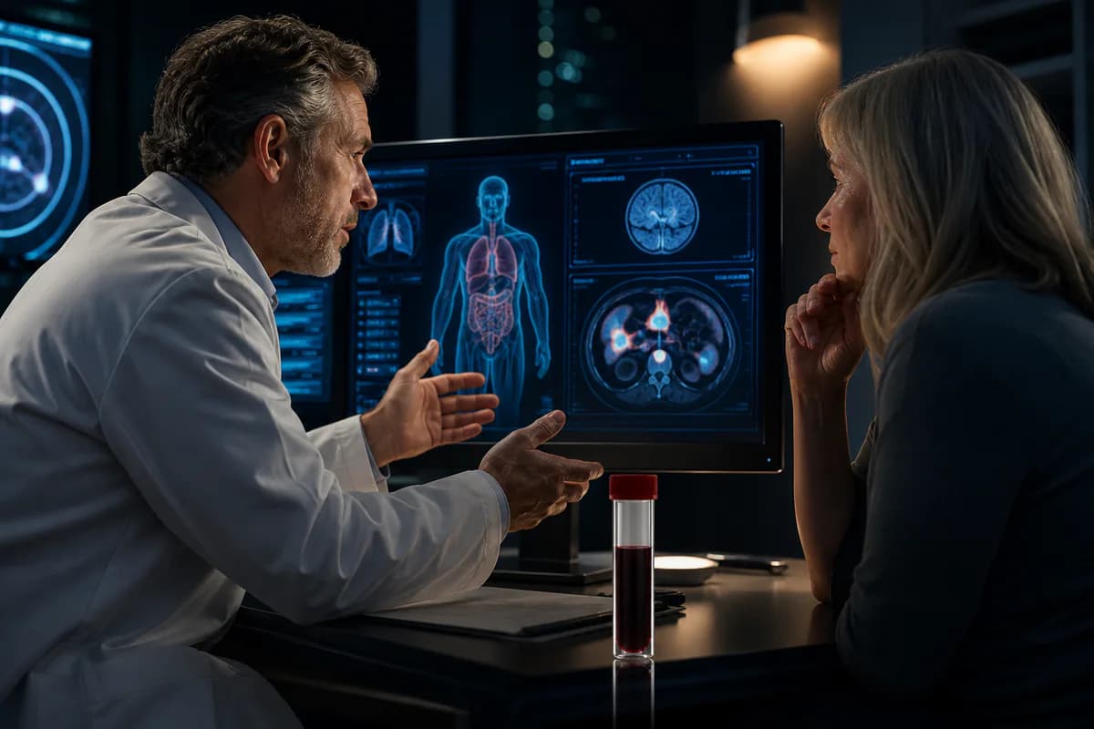 Cancer screening consultation reviewing a multi-cancer blood test pathway and standard screening schedule