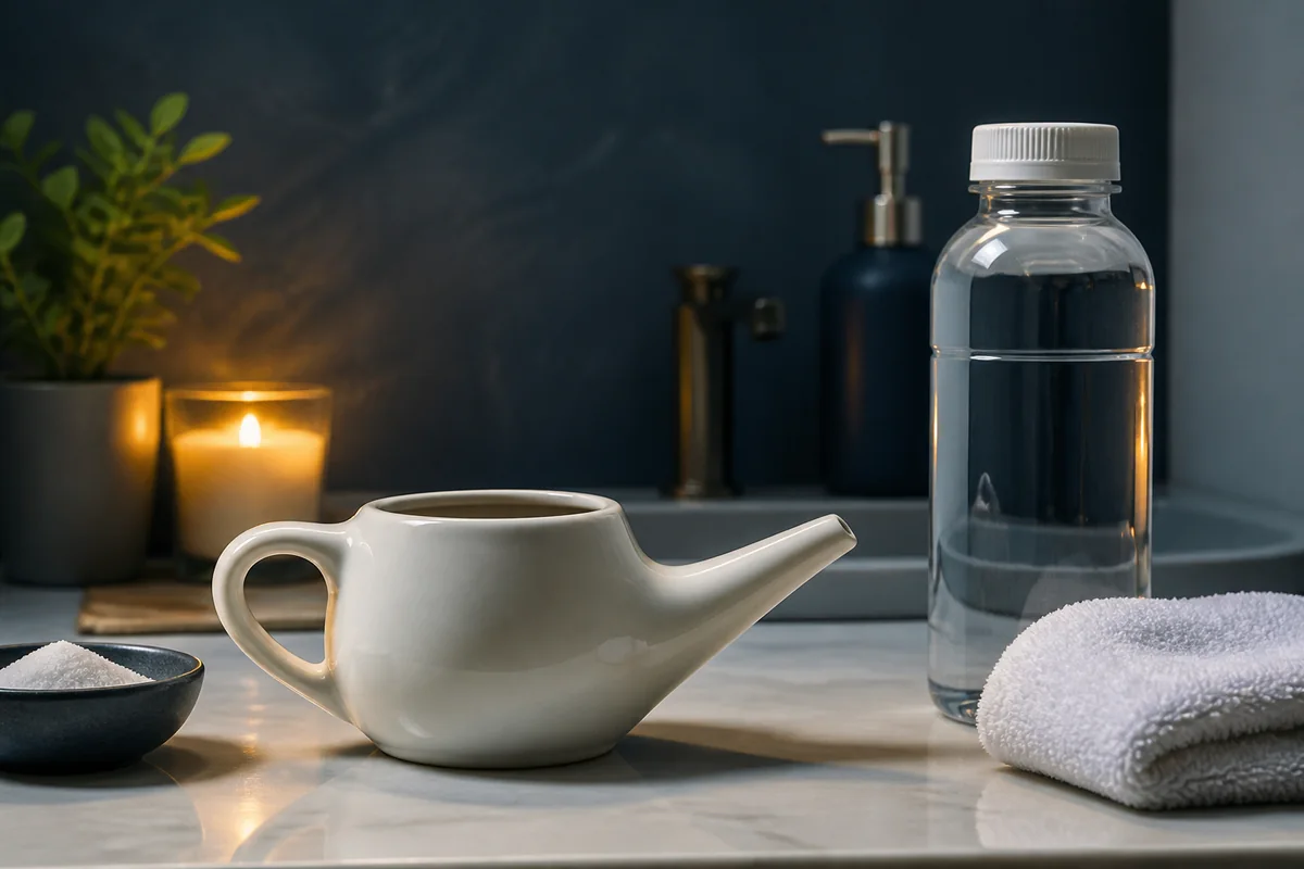 Clean nasal irrigation bottle, sterile water and saline packets arranged on a bathroom counter