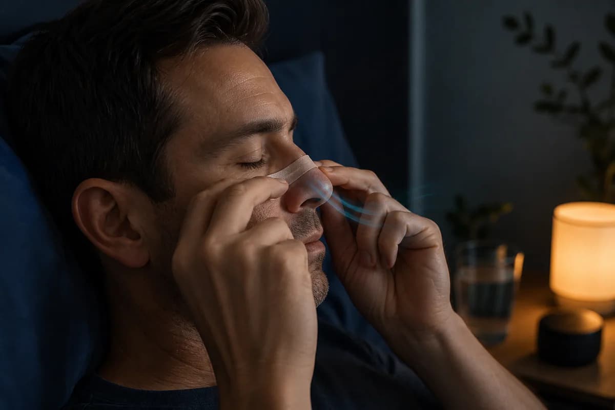External nasal strip beside a clear anatomical model of the nose and upper airway