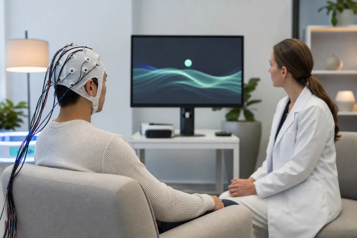 Editorial illustration explaining neurofeedback use, evidence and safety