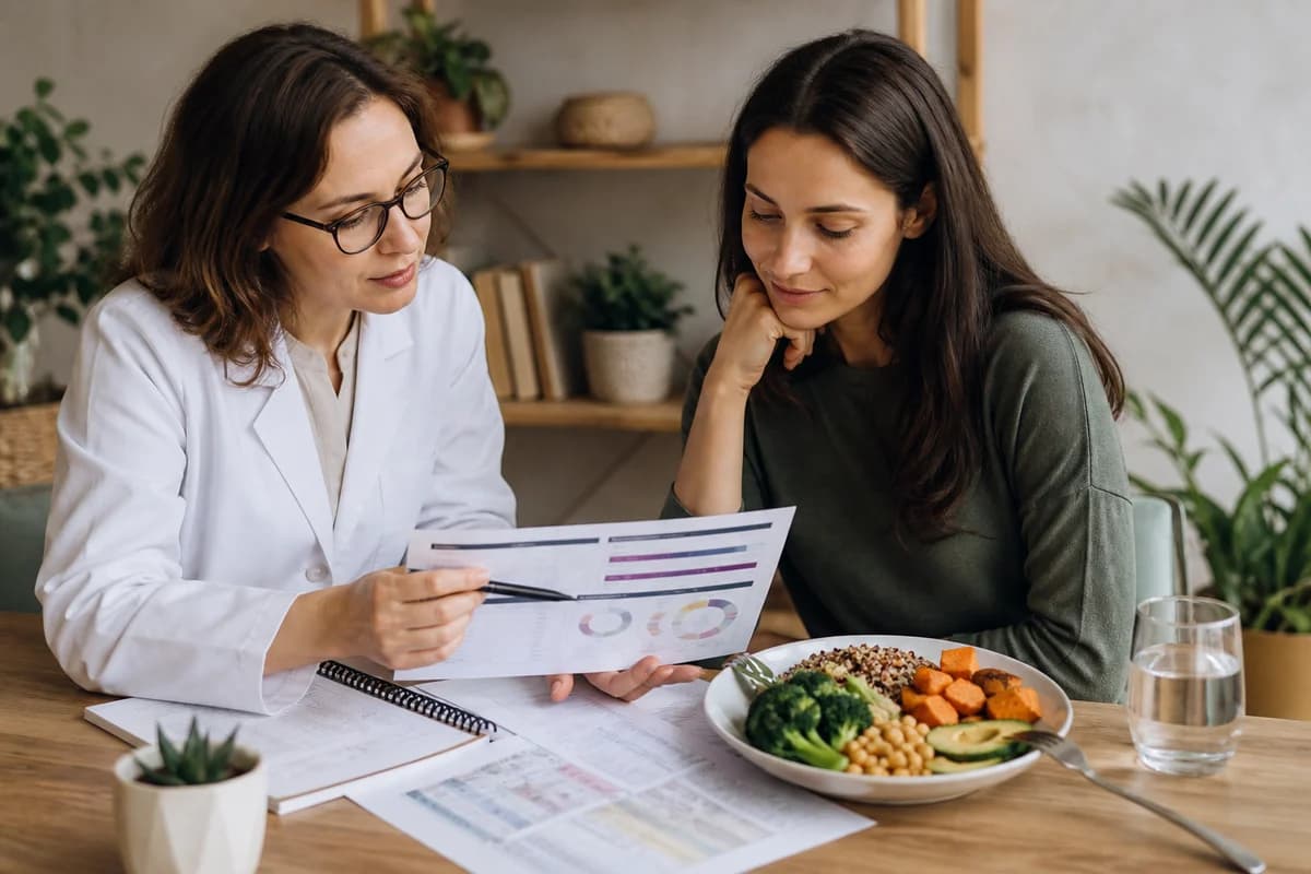 Dietitian reviewing a genetic nutrition report alongside a balanced meal plan