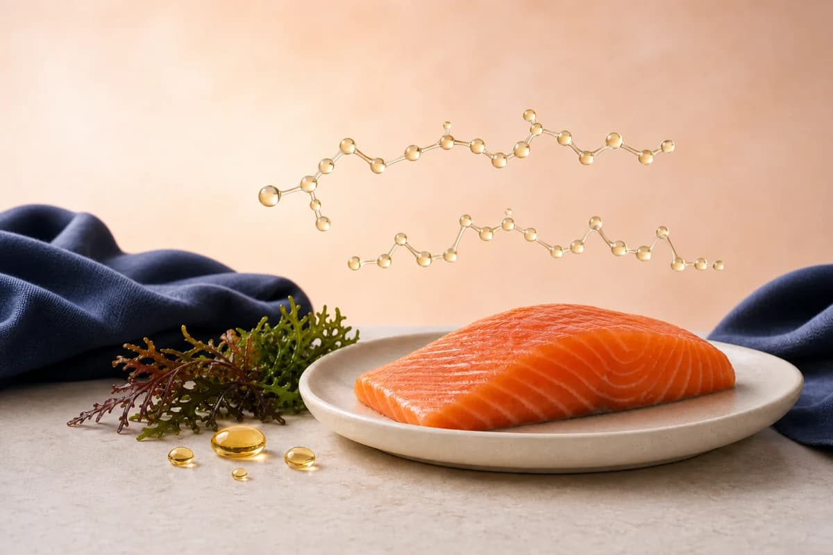 Salmon, seaweed and golden oil droplets illustrating an omega-3 evidence guide