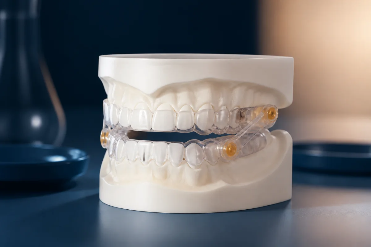 Custom mandibular advancement oral appliance displayed beside a dental model