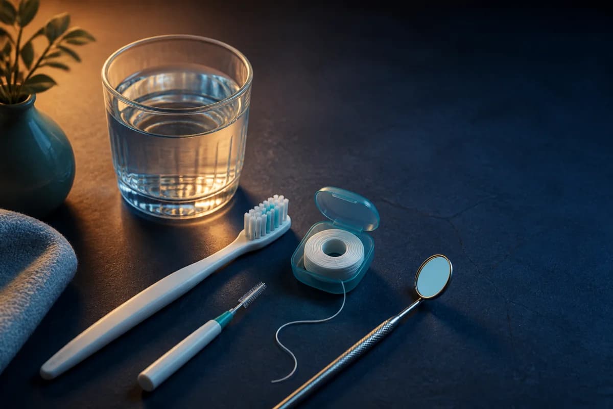 Clean toothbrush interdental brush and dental mirror arranged as a practical oral health routine