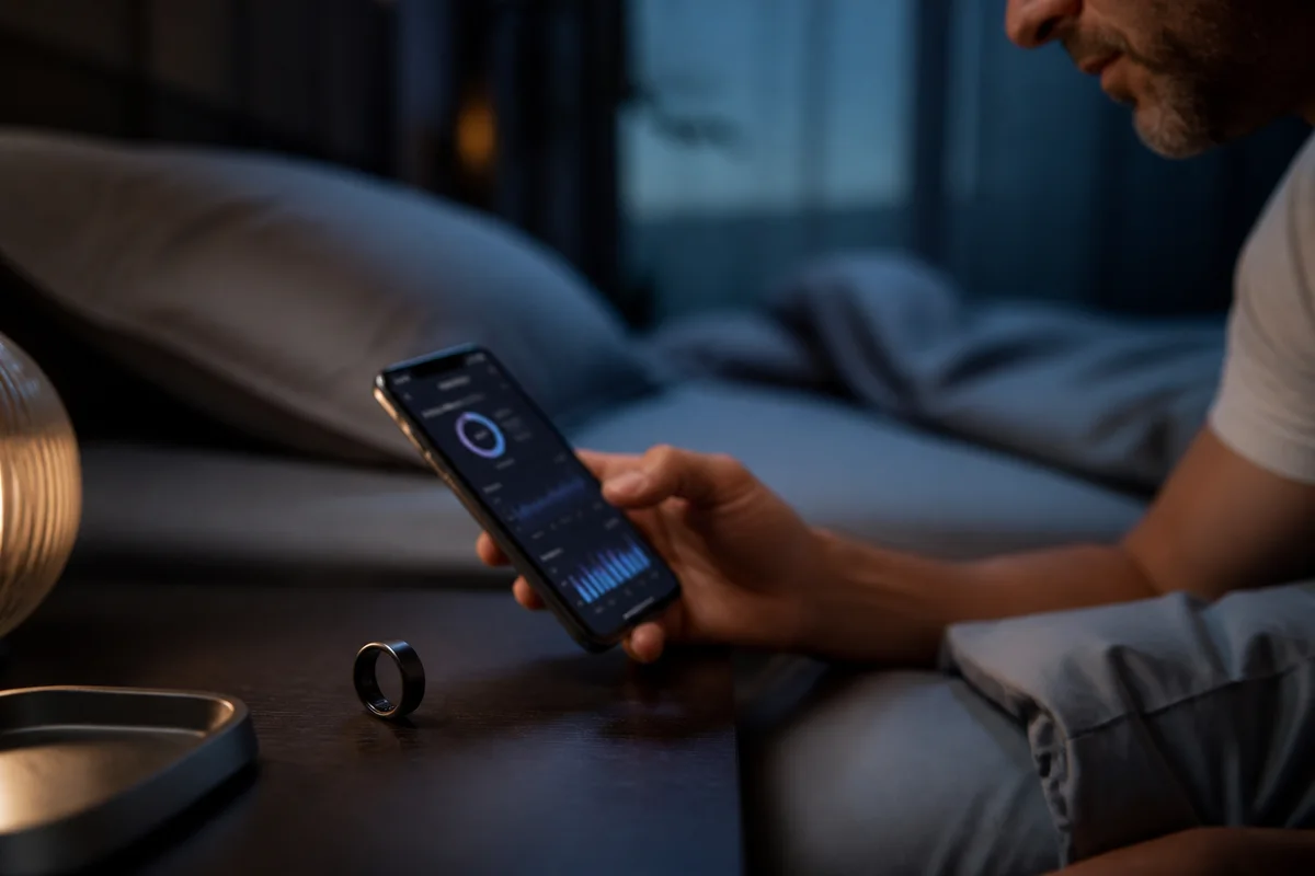 Unbranded smart ring beside a sleep journal in a softly lit bedroom