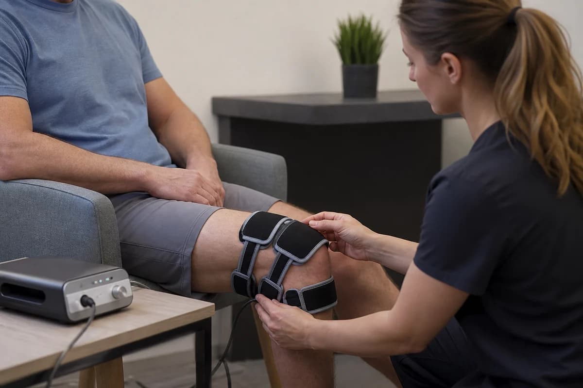 Unbranded pulsed electromagnetic field therapy pad used on a knee in a calm clinic