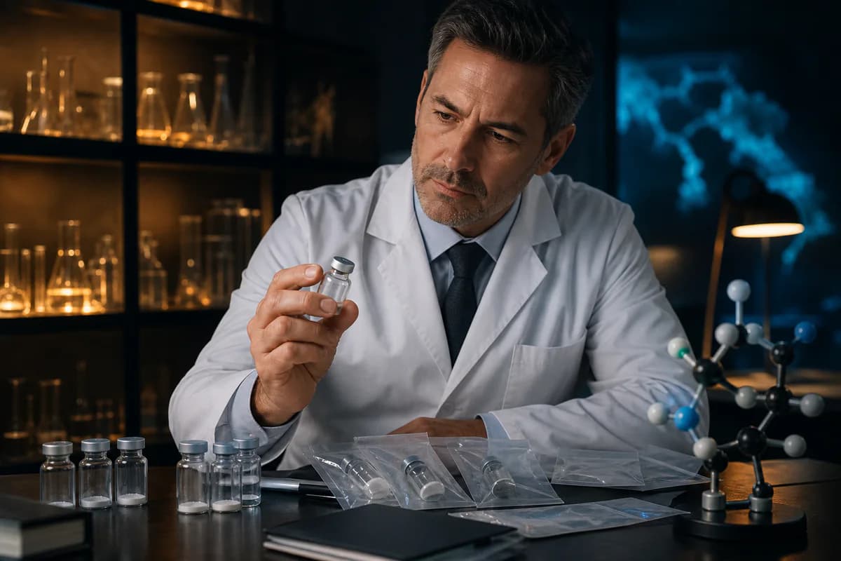 Clinician separating approved peptide medicines from unapproved research vials using a regulatory evidence checklist
