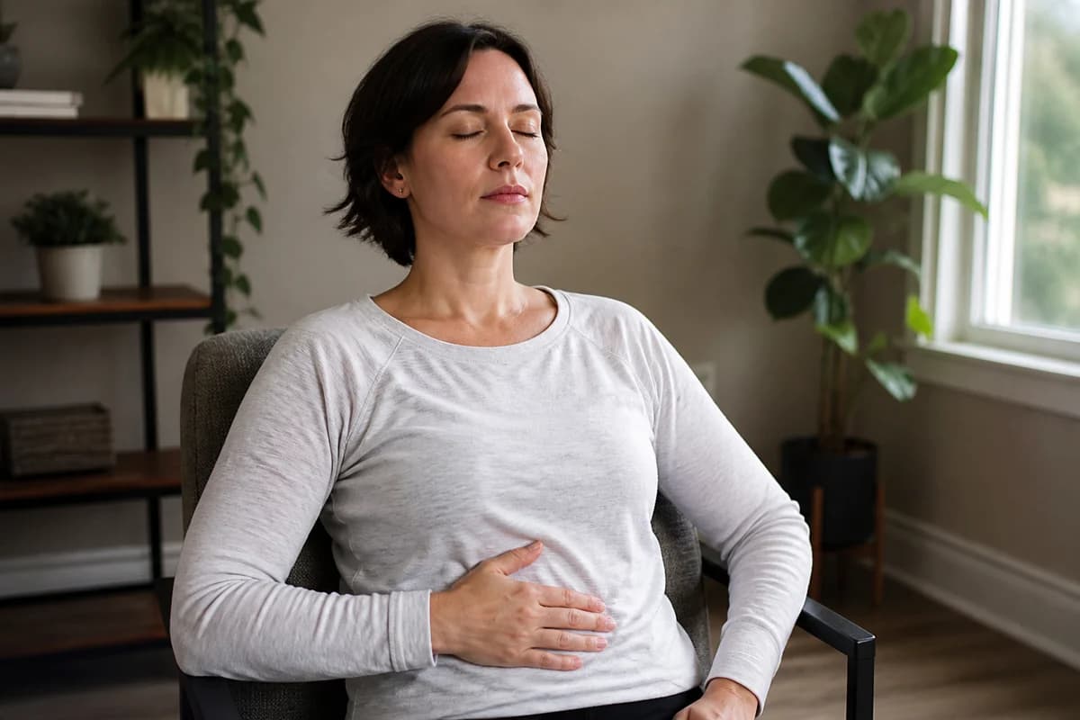 Relaxed adult seated safely practicing a gentle double inhale and long exhale