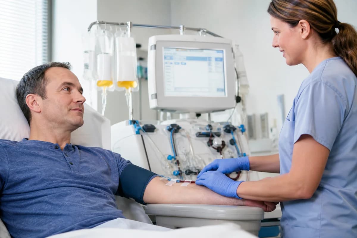 Editorial illustration explaining plasma exchange use, evidence and safety