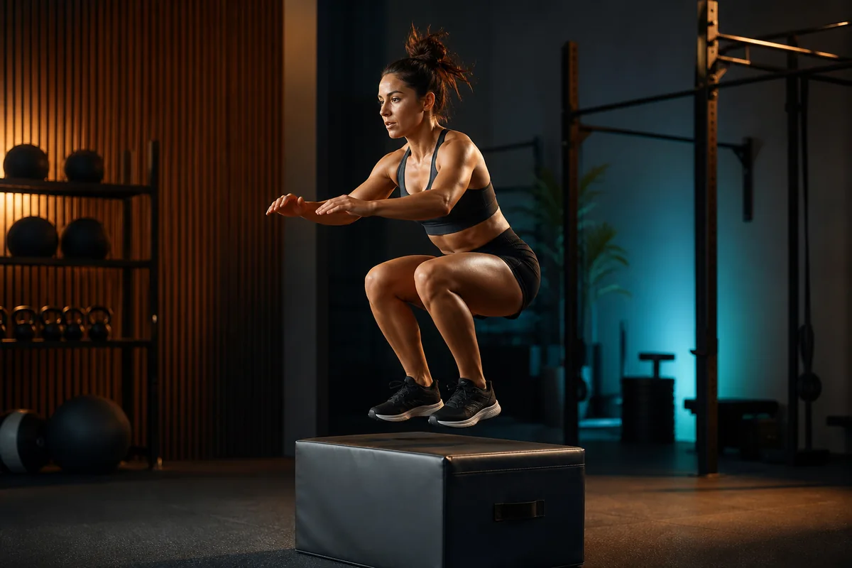 Adult performing a controlled low box jump with soft aligned landing