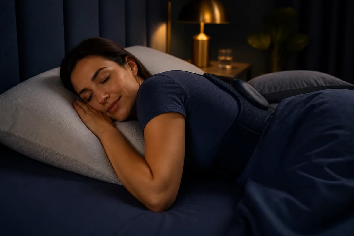 Person sleeping comfortably on their side with a small unbranded position trainer nearby