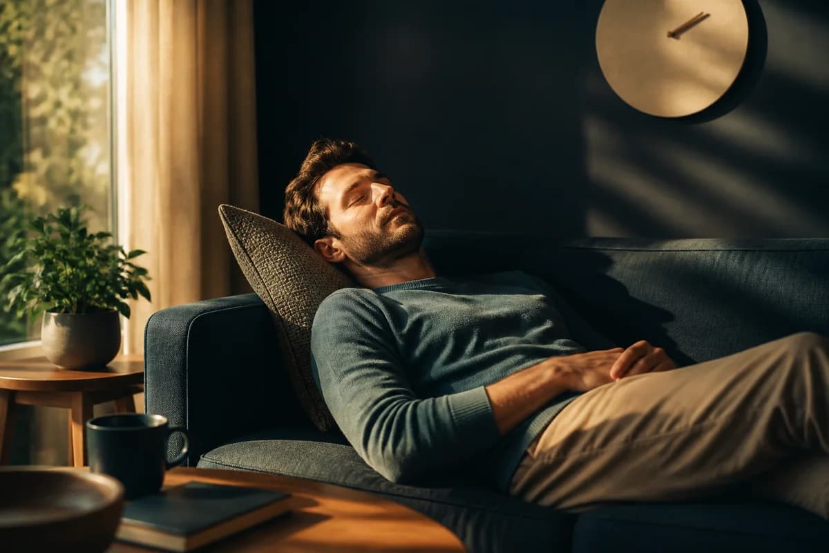 Adult taking a brief daytime nap in a quiet room with soft early-afternoon light