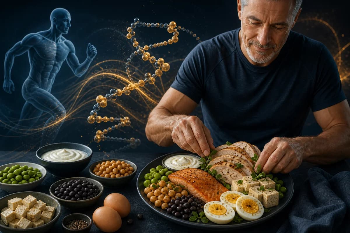 Older active adult preparing varied plant and animal protein foods