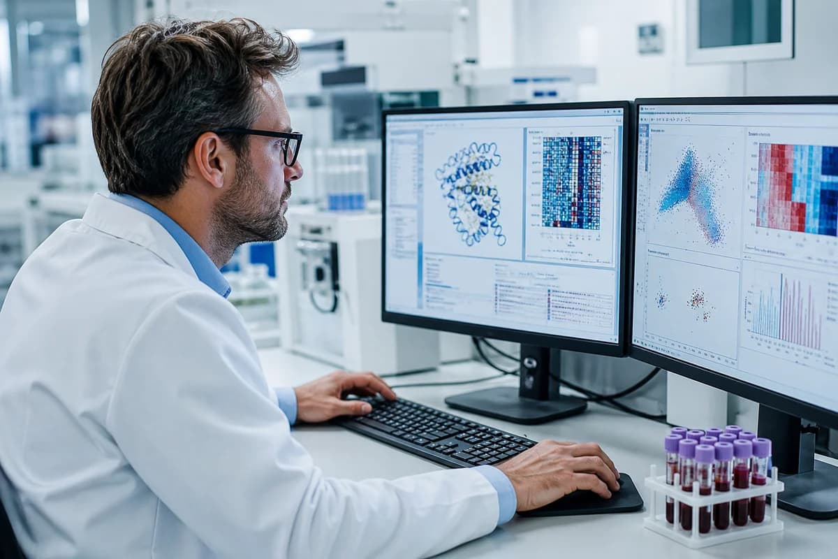 Laboratory scientist reviewing protein and metabolite pattern data on a clean screen