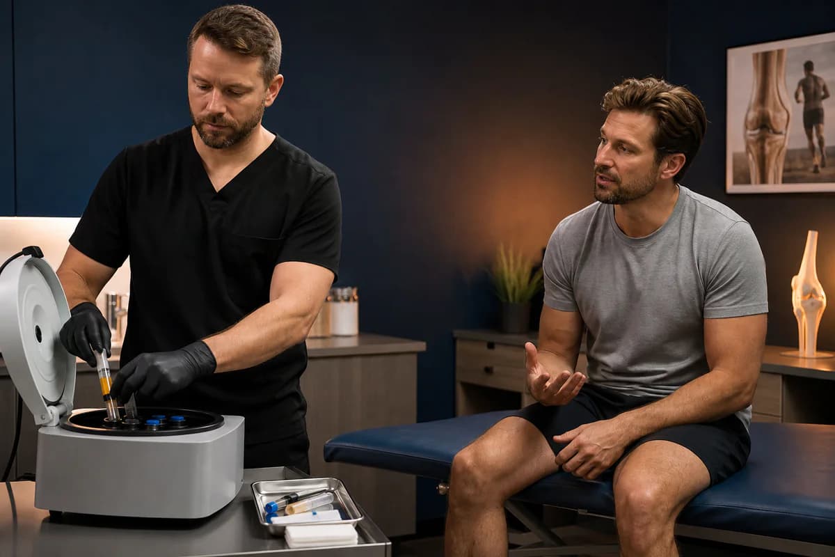 Sports medicine clinician preparing platelet-rich plasma with centrifuge and ultrasound-guided joint injection